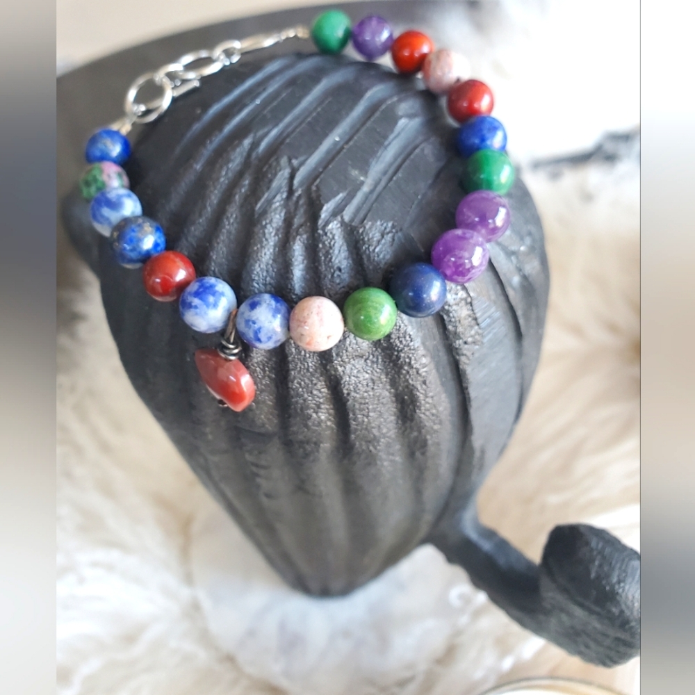 Multicolor Beaded Bracelet,Natural Stones, Agate & Jasper, Polished Stone Charm